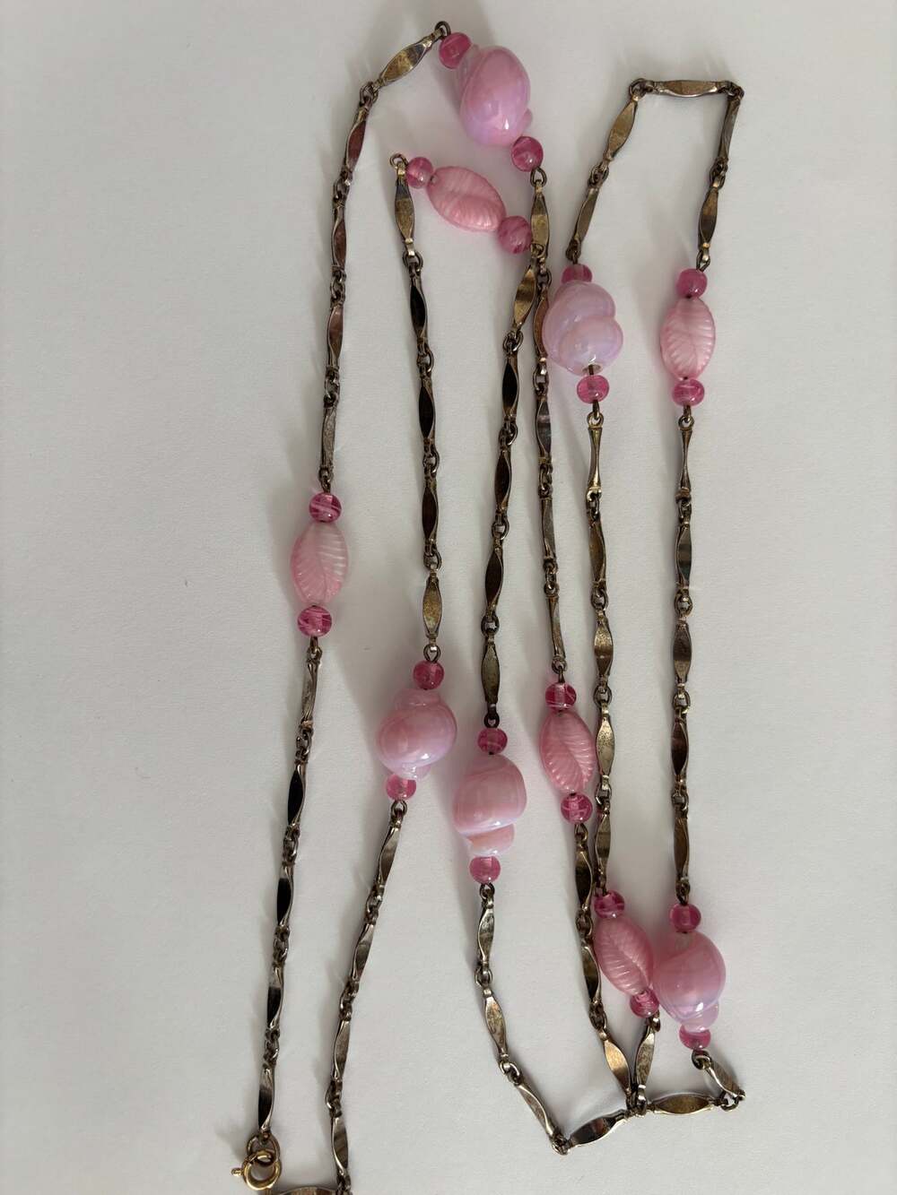 Vintage Long Flapper Necklace Pink Molded Glass Beads